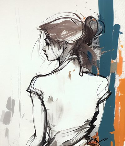 رسم فتاة من الخلف، رسم بخطوط مبسطة، مطبوعات فنية على الحائط بواسطة فشتالي عبد الرحيم