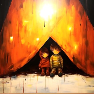 رسم طفلين بريئين , الفن الجداري السريالي | قماش يطبع بواسطة فشتالي عبد الرحيم