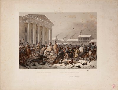 تراجع الجيش الفرنسي في ساحة تاون هول في فيلنا ، نقشها فيكتور آدم (1801-66) ولويس بيير ألفونس بيشيبويس (1801-1850) 1812 بواسطة دانيال