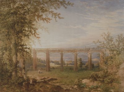 جسر سكة حديد من الطوب والخشب مع قطار بخاري ، 1849 (مرحاض على ورق) (زوج إلى 3247622) بواسطة F. S. Cook