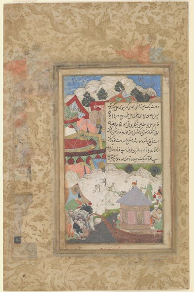 يعود بابور المخمور إلى المخيم ليلاً ، حوالي عام 1589 (ألوان مائية غير شفافة وذهبية على ورق) بواسطة فروخ بك