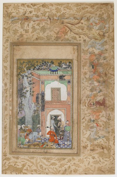 بابر يسلي في قصر السلطان إبراهيم لودي ، حوالي عام 1585 (ألوان مائية غير شفافة وذهبية على ورق) بواسطة فروخ بك