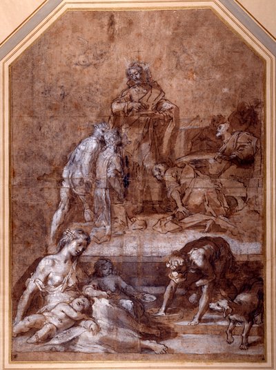 Religious allegory, the gathering of the Manna and the Institution of the Eucharist (pen & ink and chalk with wash, heightened with white on paper) بواسطة Federico Fiori Barocci أو Baroccio