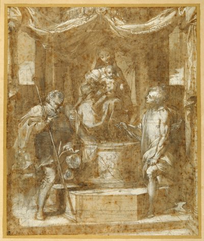The Virgin and Child enthroned under a canopy, with Sts Roch and Sebastian (pen & brown ink with brown wash and heightening) بواسطة Federico Fiori Barocci أو Baroccio