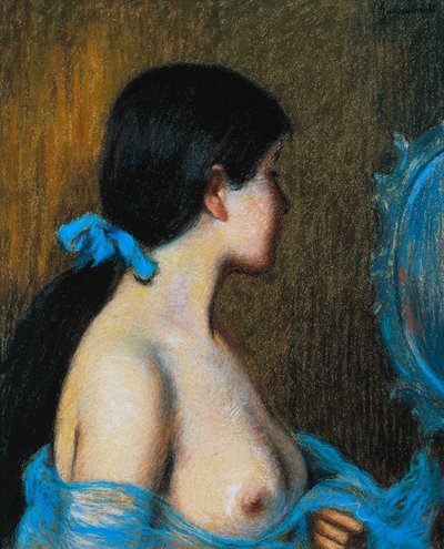 امرأة شابة في المرآة ، بواسطة Federico Zandomeneghi (1841-1917) ، باستيل على ورق مثبت على قماش ، 46x38 سم بواسطة Federigo Zandomeneghi