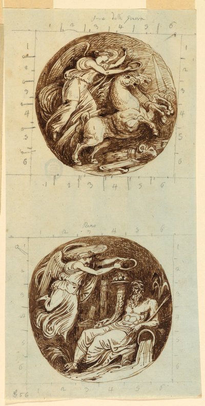 رسم، نصر مجنح يركب عربة؛ نصر مجنح يتوج إله النهر، رينو؛ رسمان دائريان، حوالي 1805 بواسطة فيليس جياني