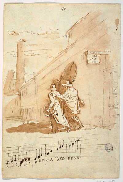 رسم، مستقيم:  ثلاثة موسيقيين أمام ألبيرجو ديلا بيس، 1810، 1810 بواسطة فيليس جياني