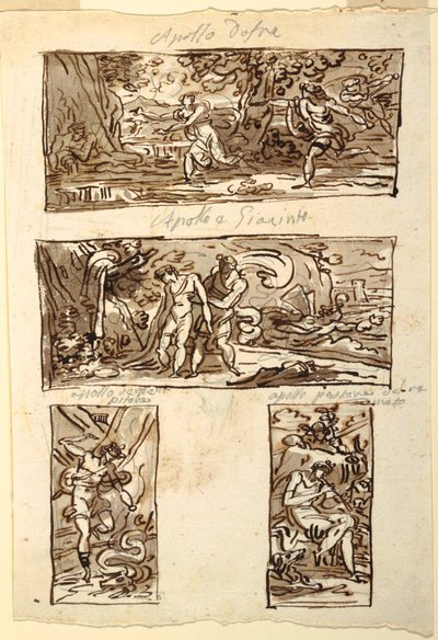 أربعة رسومات لأسطورة أبولو ؛ زخرفة جدار فوق رف ، Sala di Apollo ، Palazzo Cavina ، Faenza بواسطة فيليس جياني