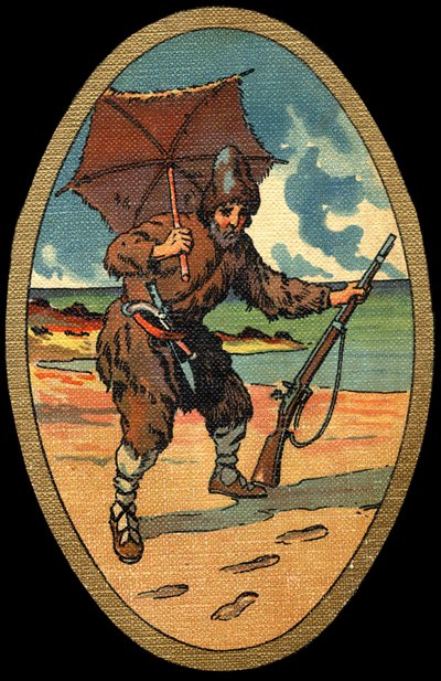 روبنسون كروزو: رسم توضيحي لفيليسيان ميرباخ ميرباخ راينفيلد (1853-1940) لكتاب دانيال ديفو (دي فو) روبنسون كروزو. بدون تاريخ. حوالي عام 1934 بواسطة Felicien baron de Myrbach Rheinfeld