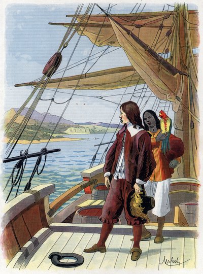 روبنسون كروزو يغادر جزيرته - رسم لفيليسيان ميرباخ ميرباخ راينفيلد (1853-1940) لكتاب دانيال ديفو (العدو) روبنسون كروزو. بدون تاريخ. حوالي عام 1934 بواسطة Felicien baron de Myrbach Rheinfeld