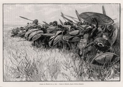 هجوم مسيس. نقش ميرباخ لتوضيح قصة "" Au secours d'Emin Pacha "، للدكتور بيترز (1856-1918) بواسطة Felicien baron de Myrbach Rheinfeld