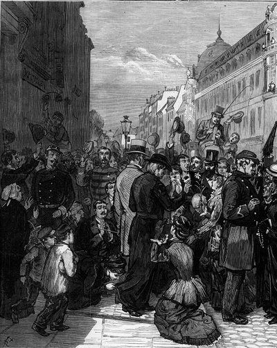 ترحيل اليسوعيين من شارع سيفرس في باريس بعد المراسيم الصادرة في مارس 1880 من قبل جول فيري وإلغاء الحق في تعليم أعضاء التجمعات الدينية غير المصرح بها: يبدي سكان باريس تضامنهم مع الإخلاء بواسطة فيليكس إيلي ريجامي