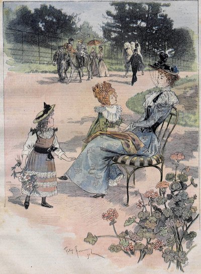 نزهة الأطفال إلى حديقة التأقلم في باريس عام 1892. نقش أكوريل الحديقة. بواسطة فيليكس فورنيري