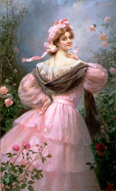 امرأة أنيقة في حديقة الورود بواسطة Felix Hippolyte Lucas