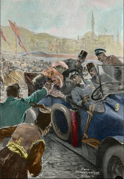 اغتيال فرانز فرديناند (1863-1914) أرشيدوق النمسا وزوجته صوفي في سراييفو (نقش) بواسطة فيليكس شورمشتات