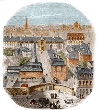 منظر لمصنع نسيج Gobelins في باريس مع دير Capuchins والمرصد وقلعة Queen Blanche. نقش بواسطة Thorigny بواسطة فيليكس ثوريني