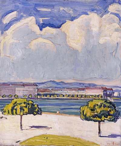 The Quai du Mont-Blanc في جنيف كما تراه من Jardin Anglais ، ج. 1910. بواسطة فرديناند هودلر