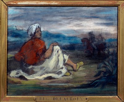 عربي يجلس في الريف على حافة طريق لوحة باستيل ليوجين ديلاكروا (1798-1863) مجموعة خاصة من القرن التاسع عشر بواسطة فرديناند فيكتور يوجين ديلاكروا