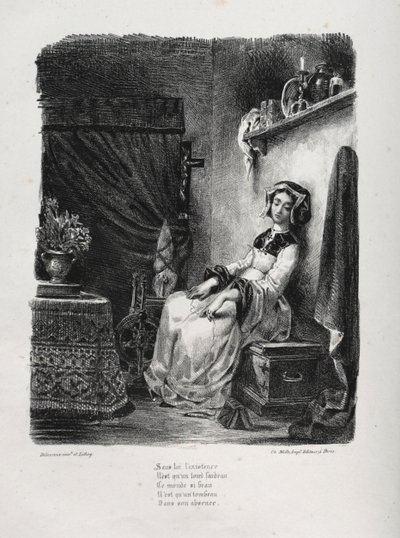 الرسوم التوضيحية لـ Faust: Marguerite with the wheel ، 1828. بواسطة فرديناند فيكتور يوجين ديلاكروا