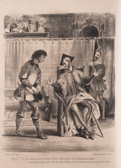 الرسوم التوضيحية لـ Faust: Méphistophélé يستقبل تلميذ المدرسة ، 1828. بواسطة فرديناند فيكتور يوجين ديلاكروا