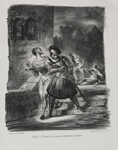 الرسوم التوضيحية لـ Faust: Méphistophélés و Faust يهربان بعد المبارزة ، 1828. بواسطة فرديناند فيكتور يوجين ديلاكروا