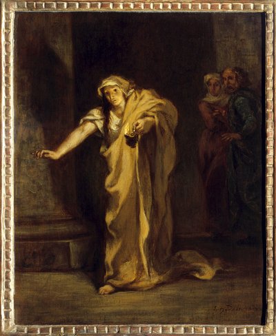 سيدة ماكبث وهي نائمة ، رسم توضيحي لعمل يحمل نفس الاسم لوليام شكسبير (1564-1616). اللوحة بواسطة يوجين ديلاكروا (1798-1863) 1850 صن. 0.40 × 0.32 م فريدريكتون. معرض بيفربروك للفنون بواسطة فرديناند فيكتور يوجين ديلاكروا