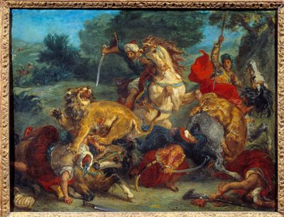 مطاردة الأسد. لوحة ليوجين ديلاكروا (1798-1863) بواسطة فرديناند فيكتور يوجين ديلاكروا