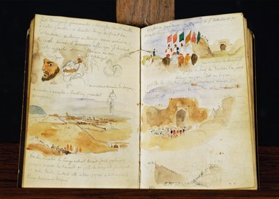 رسومات تخطيطية للعرب، ومناظر طبيعية للمغرب، وحشود عربية، وبوابة مكناس وملاحظات مكتوبة بخط اليد ... بواسطة فرديناند فيكتور يوجين ديلاكروا