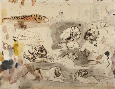رسومات النمور والرجال في زي القرن السادس عشر ، 1828-29 بواسطة فرديناند فيكتور يوجين ديلاكروا