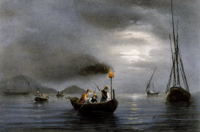 الصيد الليلي بواسطة مصباح الصيد ، الطباعة الحجرية الملونة لفرديناند بيرو (1808-1841) بواسطة فرديناند فيكتور بيروت