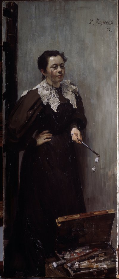 صورة للفنانة آنا أوستروموفا ليبيديفا (أوستروموفا ليبيديفا) (1871-1955) (صورة للفنان أ. أوستروموفا). تمثل واقفة خلف معدات الرسم الخاصة بها ، مع منظار على أنفها وزوج آخر في يدها. اللوحة بواسطة Filipp And بواسطة فيليب أندرييفيتش ماليافين