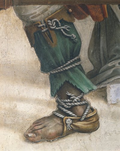 Saint John Evangelist Resuscitating Drusiana بواسطة Filippino Lippi ، تفاصيل الأحذية ، لوحة جدارية بواسطة فلبيني ليبي