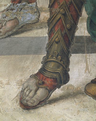 Saint Philip Driving Dragon from Temple of Hieropolis by Filippino Lippi, detail of footwear, fresco بواسطة فلبيني ليبي