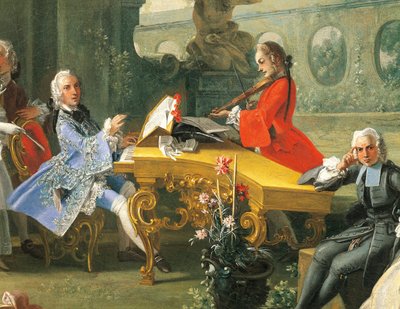 حفلة موسيقية في حديقة ، حوالي عام 1750 ، للفنان فيليبو فالشياتور (نشط 1737-1768) ، زيت على قماش ، 75.8 × 102 سم. التفاصيل. إيطاليا بواسطة فيليبو فالكياتور