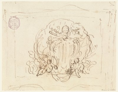 رسم، لوح يحمل شعار البابا بنديكتوس الرابع عشر مع صدفة كخلفية، 1740-58 بواسطة فيليبو ماركيوني