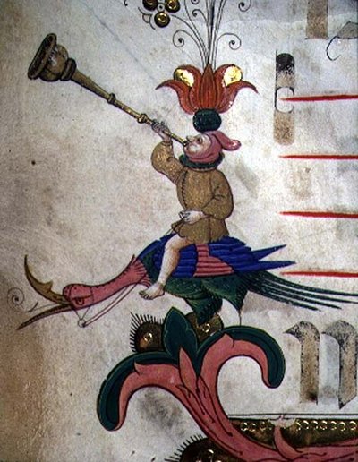 Missal 515 f.9r شخصية تهب قرنًا ، مثبتة على طائر مُسخر ، تفاصيل الحدود الزخرفية من كتاب جوقة أُعدم قبل عام 1449 (تفاصيل 88907) بواسطة Filippo di Matteo Torelli
