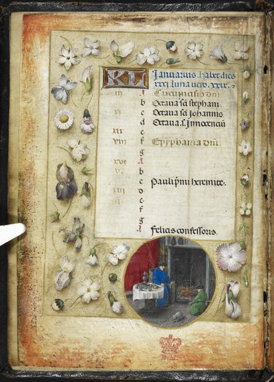 أضف MS 38126 f.1v صفحة التقويم لشهر يناير ، مع منمنمة دائرية لرجلين يدفئان نفسيهما قبل الحريق ، من "كتاب الصلوات ، استخدام روما" (The Huth Hours) c.1485-90 (حبر و اللون والذهب على الرق) بواسطة المدرسة الفلمنكية
