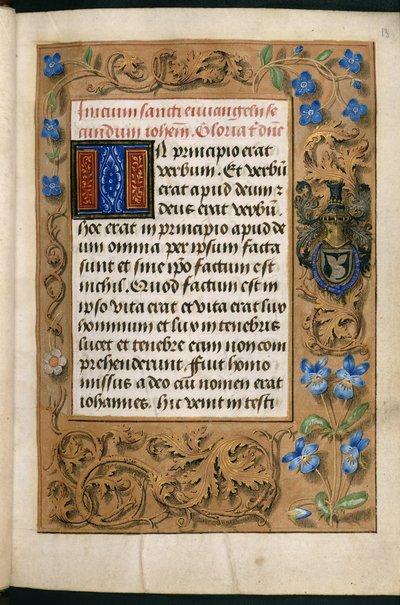 إضافة MS 54782 ، f.13r رسم توضيحي من "Hastings Hours" يظهر شعار النبالة للعائلة ، حوالي 1475-83 (رق) بواسطة المدرسة الفلمنكية