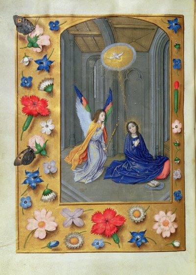 54782 إضافي ، ص 73v: البشارة ، من ساعات هاستينغز ، حوالي 1475-83 (ورق) بواسطة المدرسة الفلمنكية