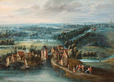 منظر طبيعي واسع مع قرية بجانب النهر وشخصيات في المقدمة بواسطة المدرسة الفلمنكية