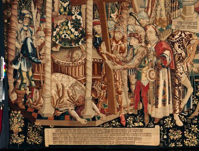 كاتدرائية (The Seo. Ca tedral of Savior of Zaragoza). متحف النسيج. نسيج فلمنكي. أسطورة الصليب المقدس (أسطورة الصليب المقدس ، أسطورة الصليب المقدس). التفاصيل. تقريبا. 1450. 430x1120 سم. بواسطة المدرسة الفلمنكية