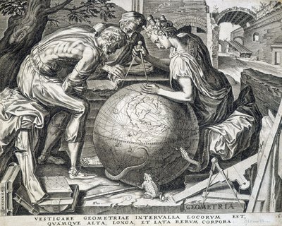 Characters leaning above the globe with comppas (allegory of geometry) - engraving, Flanders بواسطة المدرسة الفلمنكية