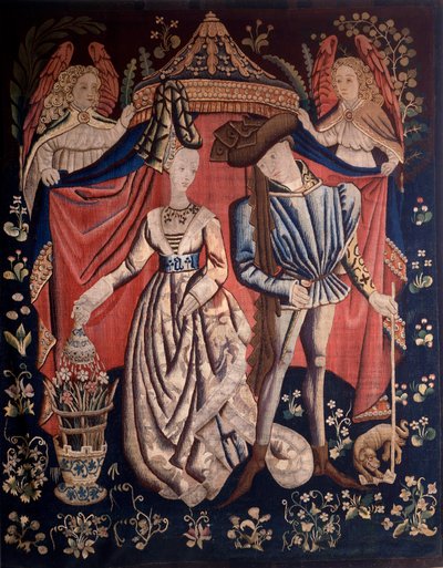 Charles d'Orleans (1394-1465) و Marie de Cleves (1426-1487) تحت Dais Tapestry صنع في ورش بروكسل بواسطة المدرسة الفلمنكية