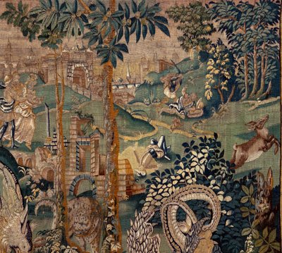 نسيج فلمنكي. منظر طبيعي مع برجولة ووحوش كبيرة ، مع عمودين. استوديو Oudenaarde. 319x508 سم. Inv 0023. القرن السابع عشر. بواسطة المدرسة الفلمنكية
