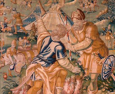 نسيج فلمنكي. معسكر عسكري بالقرب من نهر جرانيكوس. استوديو Oudenaarde. 377x393 سم. رقم الفاتورة 83104-9 / 00011. القرن ال 17. بواسطة المدرسة الفلمنكية
