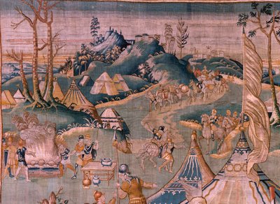 نسيج فلمنكي. معسكر عسكري بالقرب من نهر جرانيكوس. استوديو Oudenaarde. 377x393 سم. رقم الفاتورة 83104-9 / 00011. القرن ال 17. بواسطة المدرسة الفلمنكية