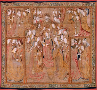 نسيج فلمنكي. سلسلة تكريس السيدة العذراء أو الملابس الذهبية. تتويج العذراء (La Coronación de la Virgen). النسيج الرابع في السلسلة. عارضة أزياء رسام كاريكاتير من دائرة كولين دي كوتر. تصنيع بيتر فان إيلست ، بروكسل. كاليفورنيا 1500-15 بواسطة المدرسة الفلمنكية