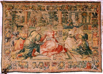 نسيج فلمنكي. مسلسل مارك انطوني وكليوباترا. كليوباترا ومحكمتها (Cleopatra en su corte). نموذج كارتون يُنسب إلى بيتر كويك فان إيلست. تصنيع بروكسل (؟). النصف الثاني من القرن السادس عشر. نسيج حرير وصوف. الحجم 310 × 435 سم. أصل بواسطة المدرسة الفلمنكية