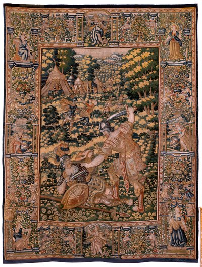 نسيج فلمنكي. مسلسل قصة سايروس. لا V قتال بين اثنين من المحاربين وموت Cyrus (Combate de dos guerreros y muerte de Ciro). مجهول ، استنادًا إلى ميشيل كوكسي. أتيليه أنتويرب. الحرير والصوف. كاليفورنيا 1590. بواسطة المدرسة الفلمنكية