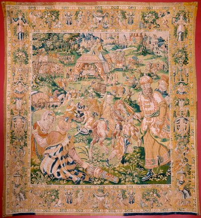 نسيج فلمنكي. السلسلة: كتاب جوديث. مأدبة هولوفرنيس (El banquete de Holofernes). النسيج السادس في السلسلة. التصنيع: هولندا ، بروكسل (؟). النصف الثاني من القرن السادس عشر. القماش: صوف. الموقع: كنيسة القديس نيكولاس باري (م بواسطة المدرسة الفلمنكية